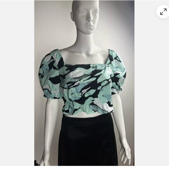 bp Tops - BP. Crop Top Short Puff Sleeve Black Teal Blue Square Neck Blouse Size M NWT
